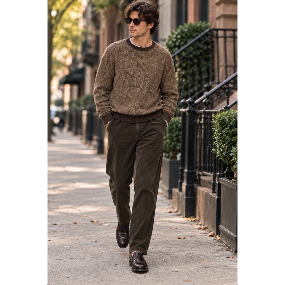 Chaps Ralph Lauren Lambswool Herringbone Crewneck Sweater Brown Tan L Large